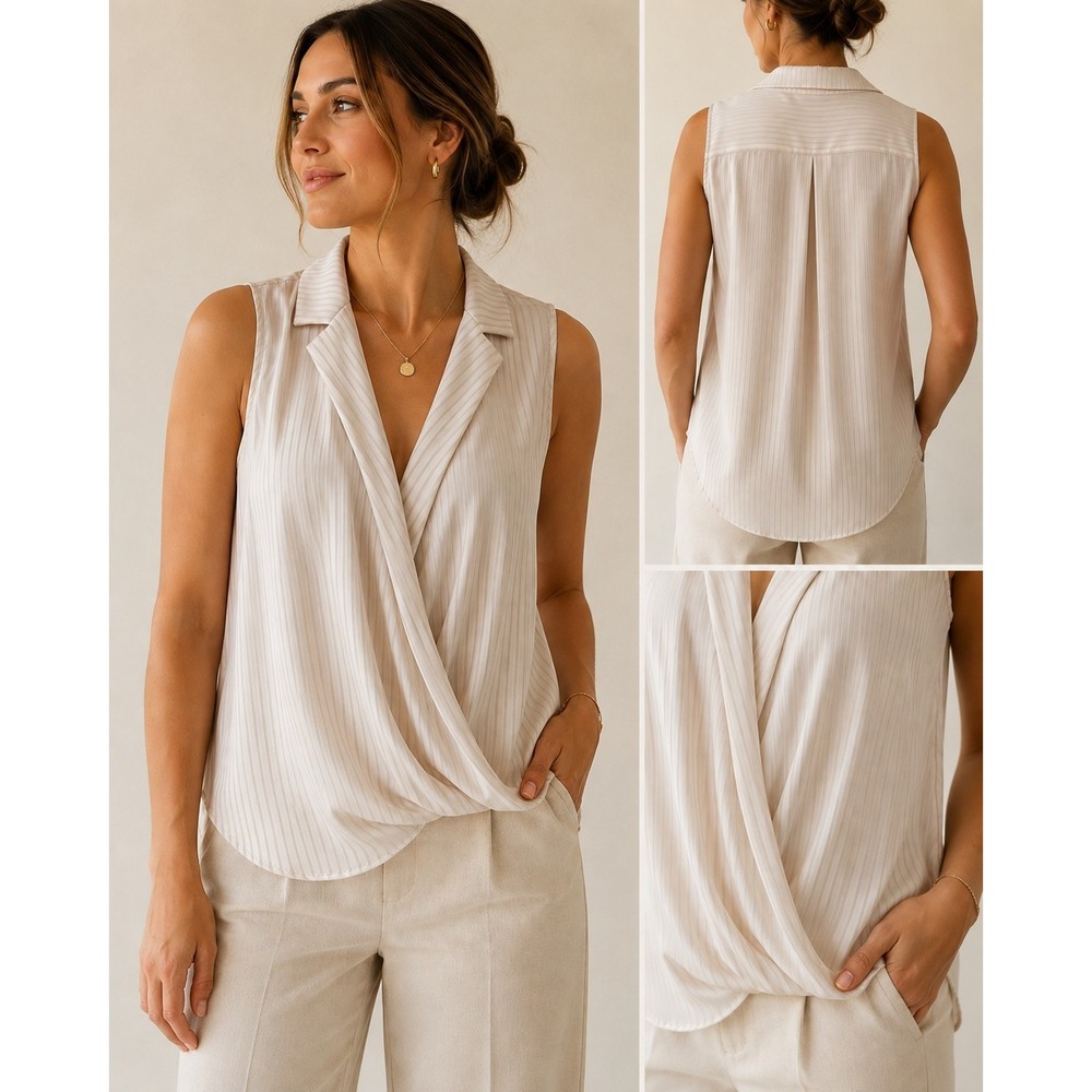 Modern Works M Cream Stripe Sleeveless Blouse Collared Draped Front Quiet Luxury